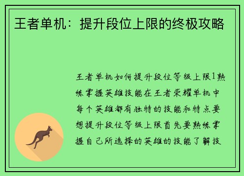 王者单机：提升段位上限的终极攻略